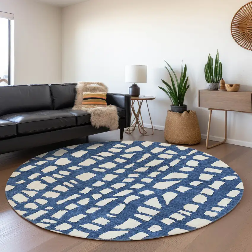 8' Navy Blue And Ivory Round Abstract Washable Indoor Outdoor Area Rug Photo 6