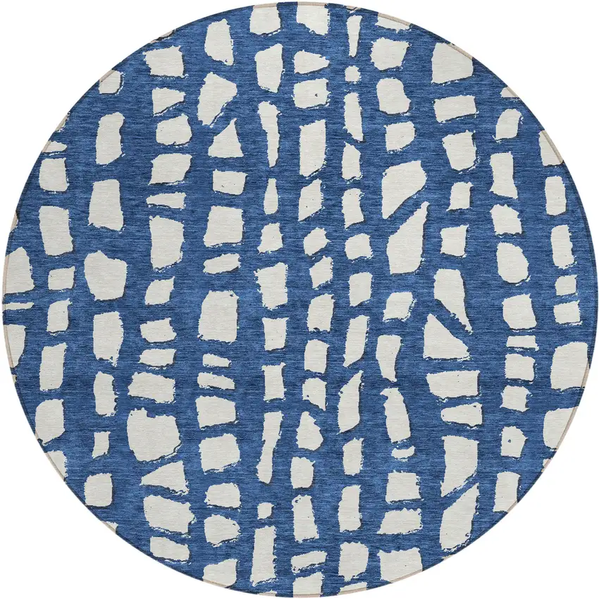 8' Navy Blue And Ivory Round Abstract Washable Indoor Outdoor Area Rug Photo 1