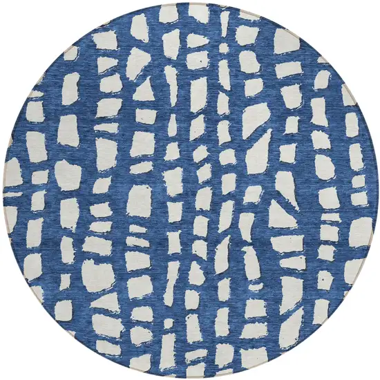 8' Navy Blue And Ivory Round Abstract Washable Indoor Outdoor Area Rug Photo 1
