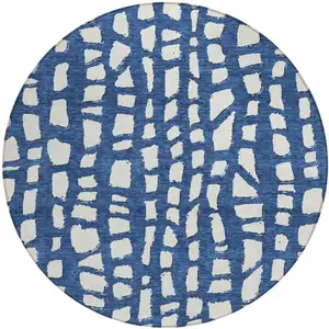 Photo of 8' Navy Blue And Ivory Round Abstract Washable Indoor Outdoor Area Rug