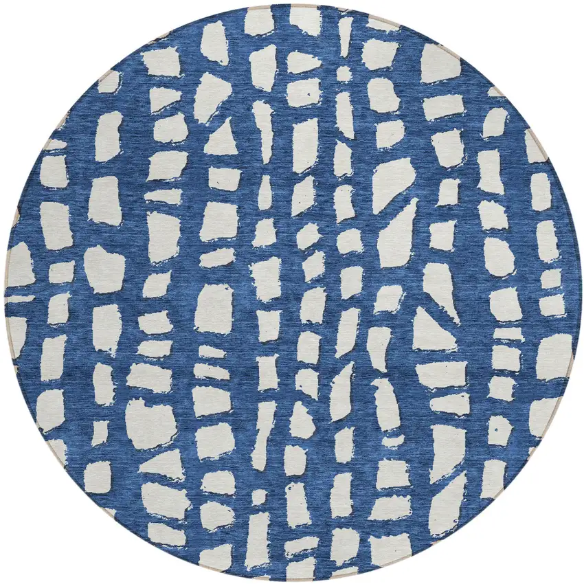 8' Navy Blue And Ivory Round Abstract Washable Indoor Outdoor Area Rug Photo 1