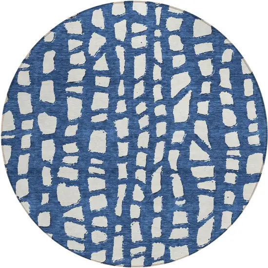 8' Navy Blue And Ivory Round Abstract Washable Indoor Outdoor Area Rug Photo 1
