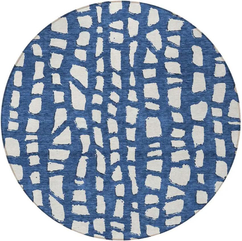 8' Navy Blue And Ivory Round Abstract Washable Indoor Outdoor Area Rug Photo 5