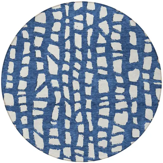 8' Navy Blue And Ivory Round Abstract Washable Indoor Outdoor Area Rug Photo 5