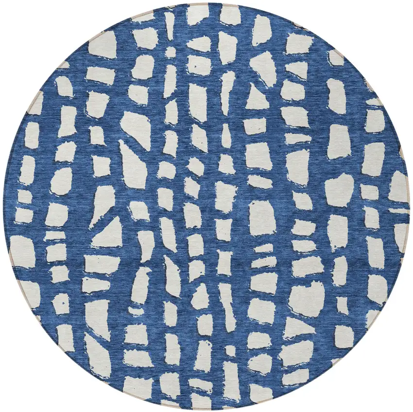8' Navy Blue And Ivory Round Abstract Washable Indoor Outdoor Area Rug Photo 5