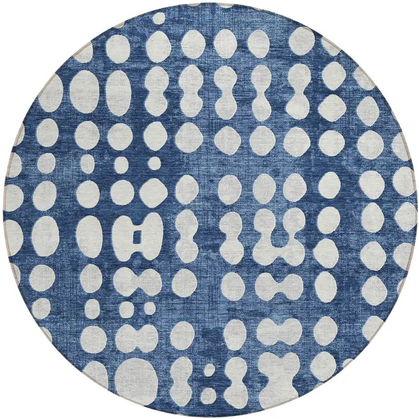 8' Navy Blue And Ivory Round Abstract Washable Indoor Outdoor Area Rug Photo 2