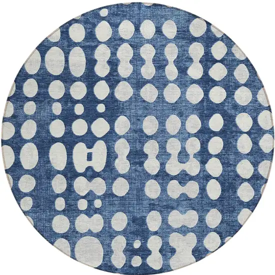 8' Navy Blue And Ivory Round Abstract Washable Indoor Outdoor Area Rug Photo 5