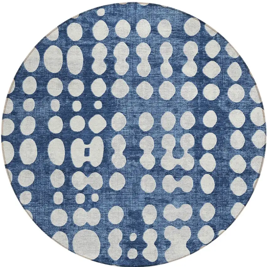 8' Navy Blue And Ivory Round Abstract Washable Indoor Outdoor Area Rug Photo 5