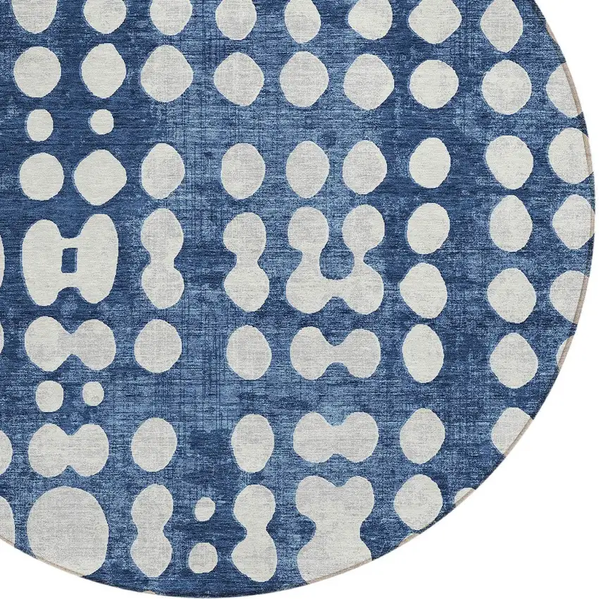 8' Navy Blue And Ivory Round Abstract Washable Indoor Outdoor Area Rug Photo 4