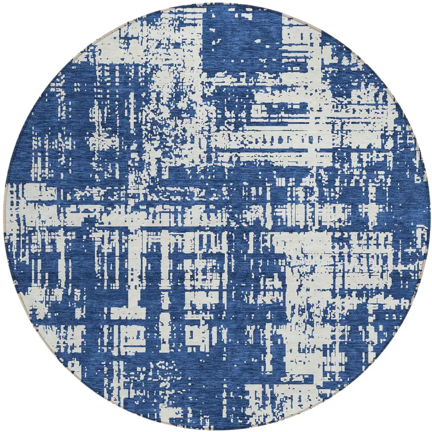 8' Navy Blue And Ivory Round Abstract Washable Indoor Outdoor Area Rug Photo 2