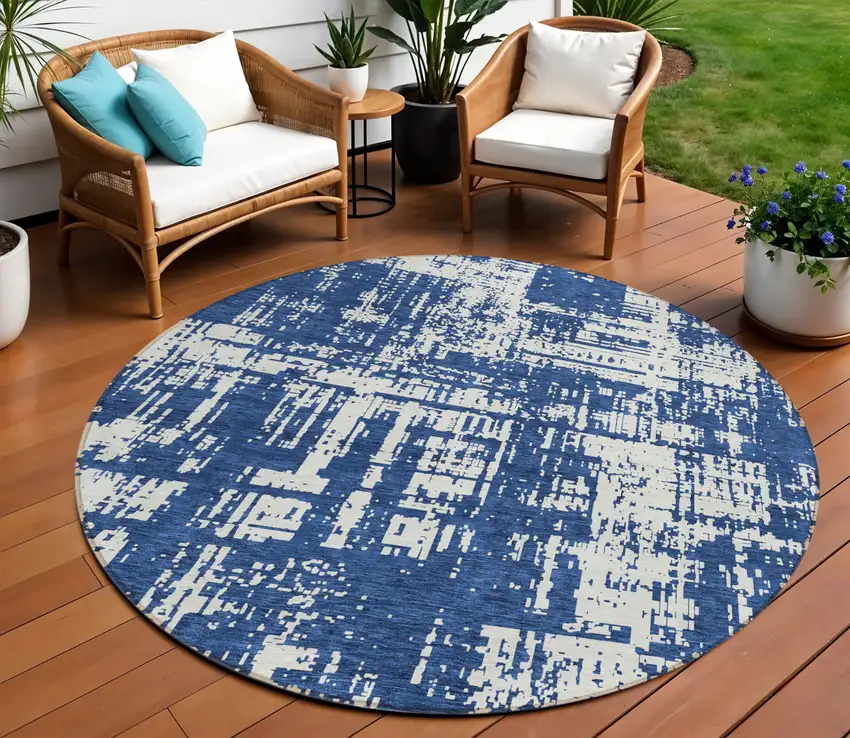 8' Navy Blue And Ivory Round Abstract Washable Indoor Outdoor Area Rug Photo 1