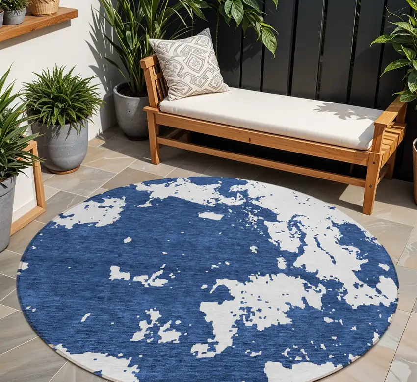 8' Navy Blue And Ivory Round Abstract Washable Indoor Outdoor Area Rug Photo 1