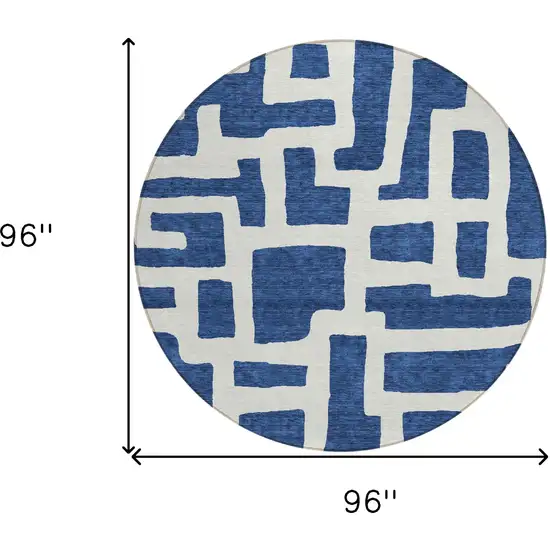 8' Navy Blue And Ivory Round Abstract Washable Indoor Outdoor Area Rug Photo 3