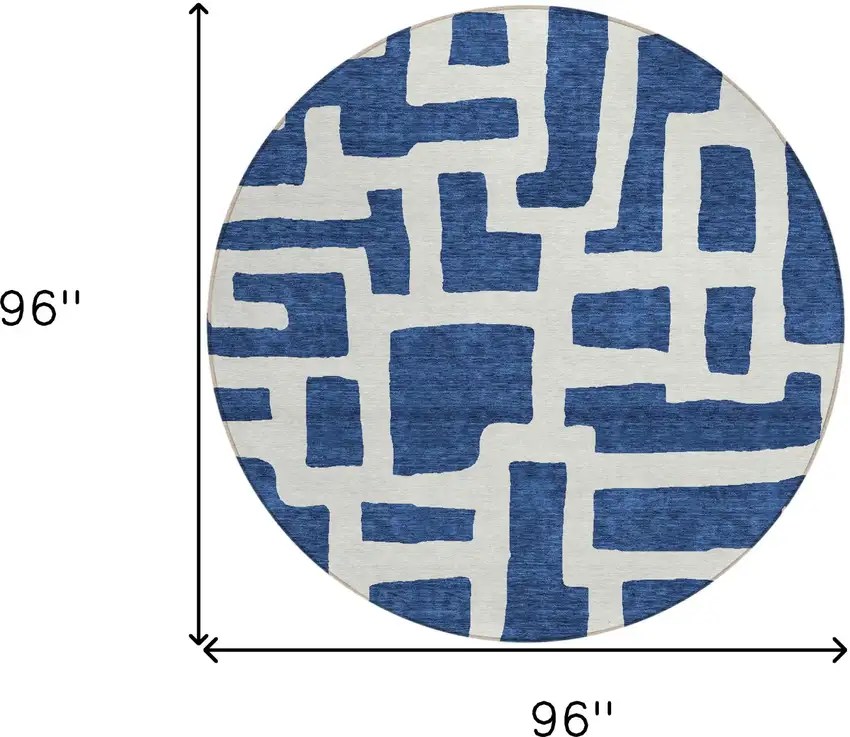 8' Navy Blue And Ivory Round Abstract Washable Indoor Outdoor Area Rug Photo 3