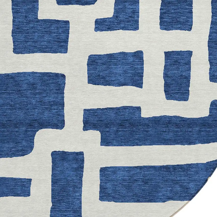 8' Navy Blue And Ivory Round Abstract Washable Indoor Outdoor Area Rug Photo 4