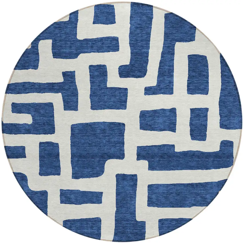 8' Navy Blue And Ivory Round Abstract Washable Indoor Outdoor Area Rug Photo 2