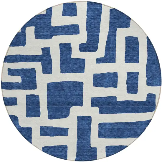 8' Navy Blue And Ivory Round Abstract Washable Indoor Outdoor Area Rug Photo 2