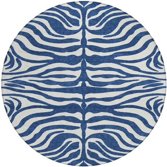 8' Navy Blue And Ivory Round Animal Print Washable Indoor Outdoor Area Rug Photo 2