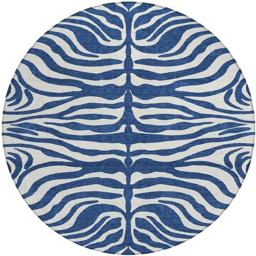 8' Navy Blue And Ivory Round Animal Print Washable Indoor Outdoor Area Rug Photo 2