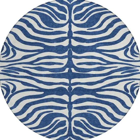 8' Navy Blue And Ivory Round Animal Print Washable Indoor Outdoor Area Rug Photo 6