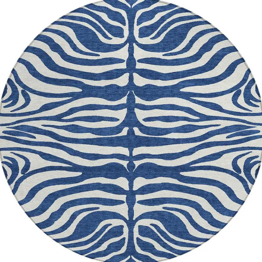 8' Navy Blue And Ivory Round Animal Print Washable Indoor Outdoor Area Rug Photo 6