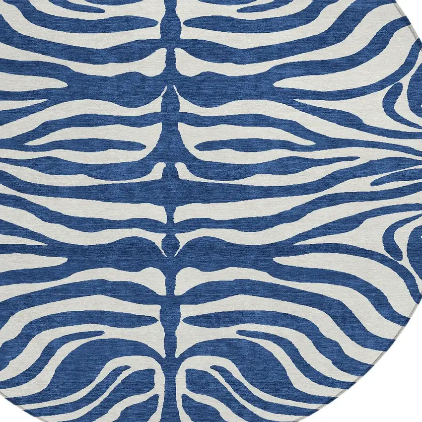 8' Navy Blue And Ivory Round Animal Print Washable Indoor Outdoor Area Rug Photo 5