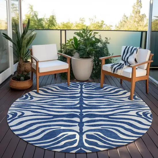 8' Navy Blue And Ivory Round Animal Print Washable Indoor Outdoor Area Rug Photo 7