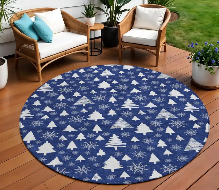8' Navy Blue And Ivory Round Botanical Leaves Washable Indoor Outdoor Area Rug Photo 2
