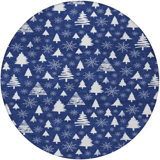 8' Navy Blue And Ivory Round Botanical Leaves Washable Indoor Outdoor Area Rug Photo 3