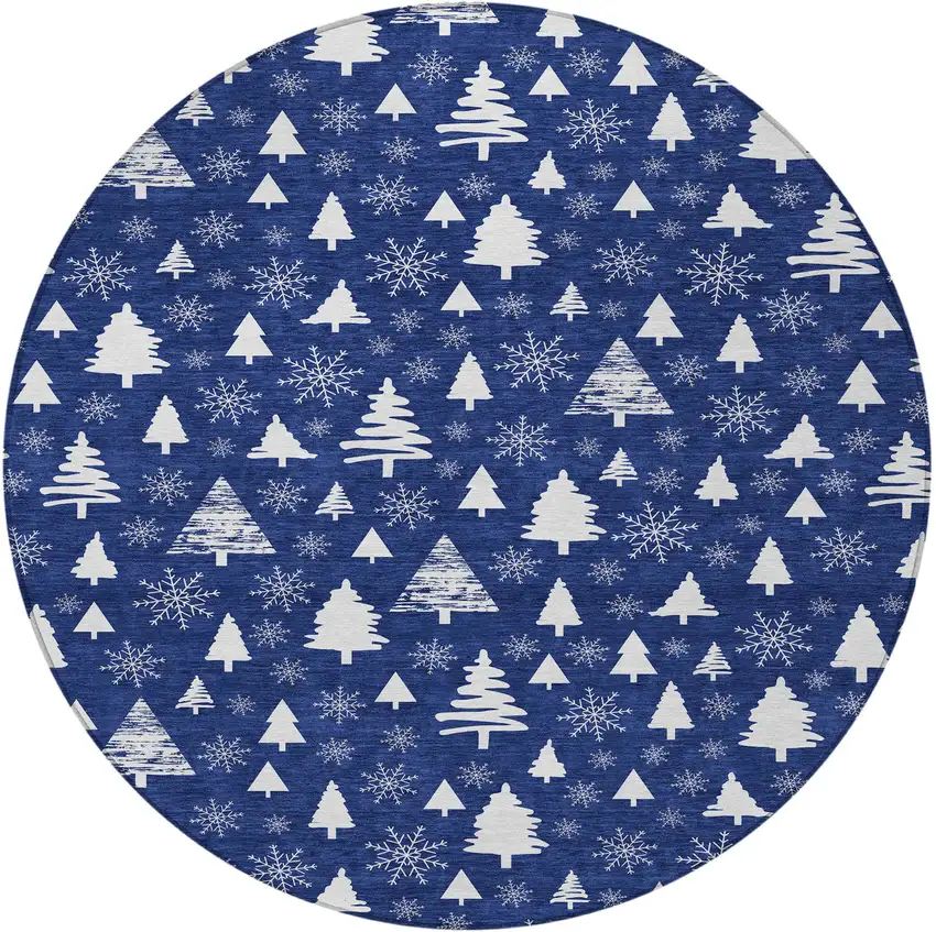 8' Navy Blue And Ivory Round Botanical Leaves Washable Indoor Outdoor Area Rug Photo 3