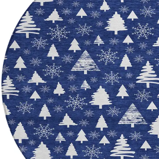 8' Navy Blue And Ivory Round Botanical Leaves Washable Indoor Outdoor Area Rug Photo 8