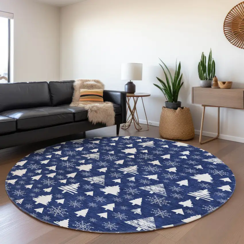 8' Navy Blue And Ivory Round Botanical Leaves Washable Indoor Outdoor Area Rug Photo 6