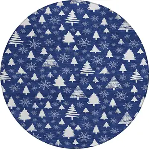 Photo of 8' Navy Blue And Ivory Round Botanical Leaves Washable Indoor Outdoor Area Rug