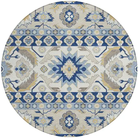 8' Navy Blue And Ivory Round Cactus Washable Indoor Outdoor Area Rug Photo 2