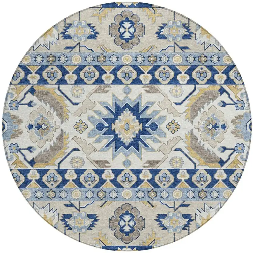 8' Navy Blue And Ivory Round Cactus Washable Indoor Outdoor Area Rug Photo 2