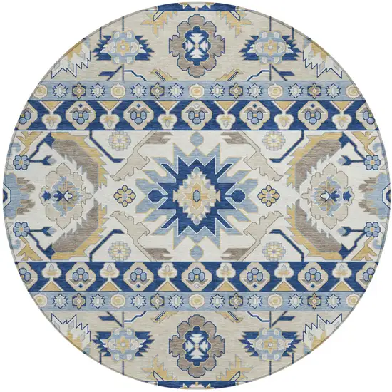 8' Navy Blue And Ivory Round Cactus Washable Indoor Outdoor Area Rug Photo 1