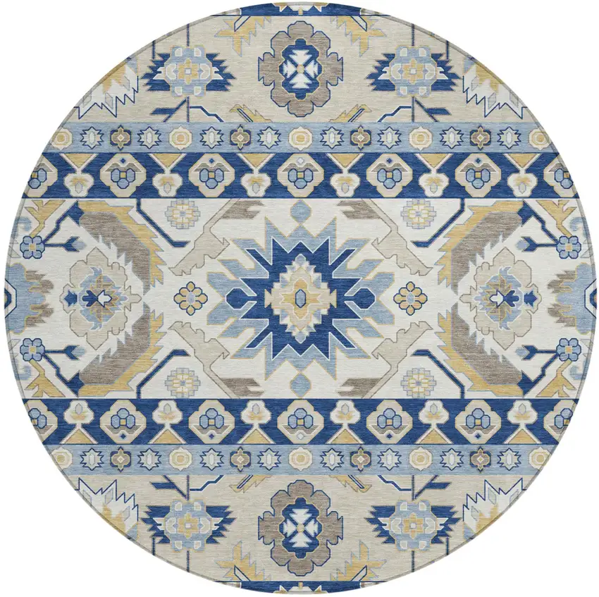 8' Navy Blue And Ivory Round Cactus Washable Indoor Outdoor Area Rug Photo 1