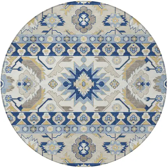 8' Navy Blue And Ivory Round Cactus Washable Indoor Outdoor Area Rug Photo 3