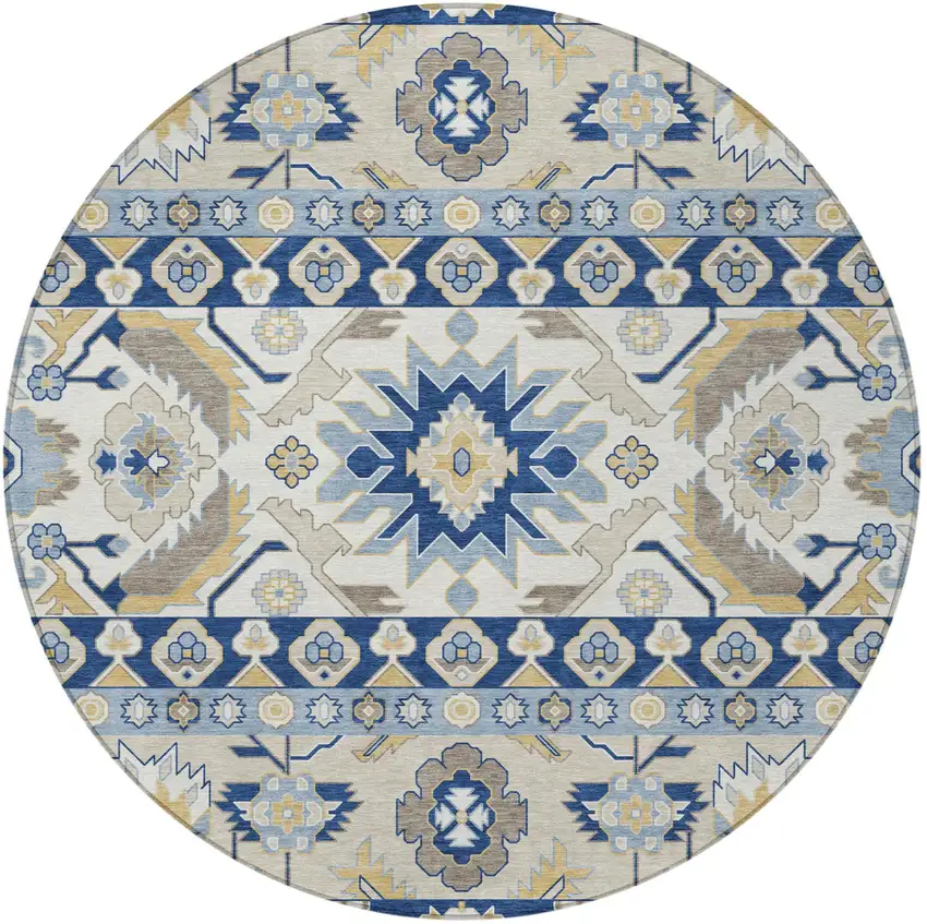 8' Navy Blue And Ivory Round Cactus Washable Indoor Outdoor Area Rug Photo 3