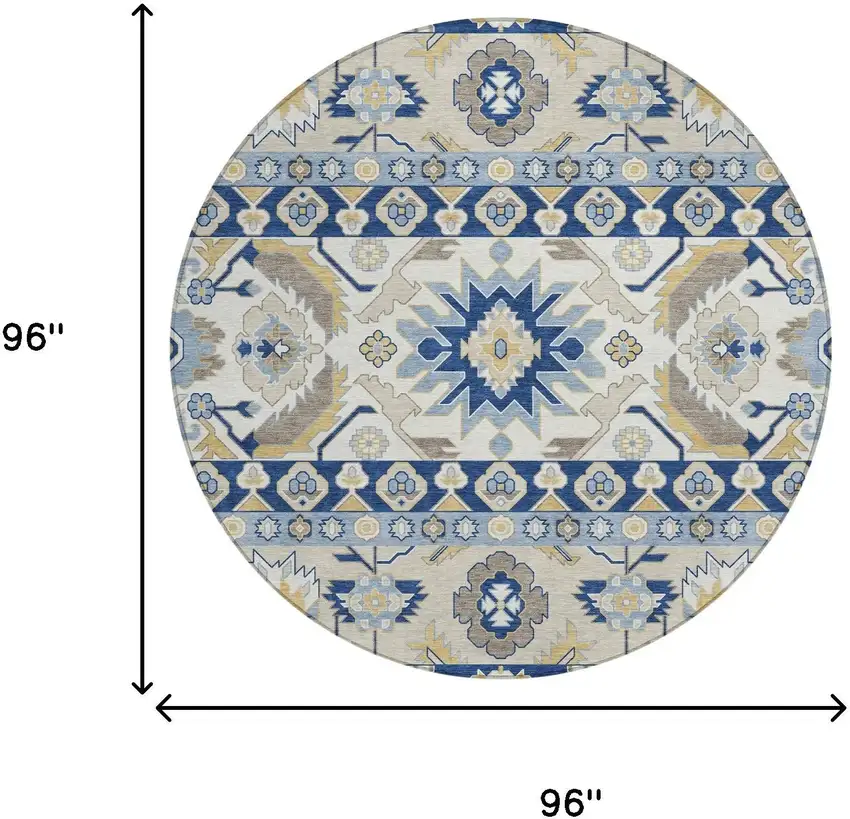 8' Navy Blue And Ivory Round Cactus Washable Indoor Outdoor Area Rug Photo 6