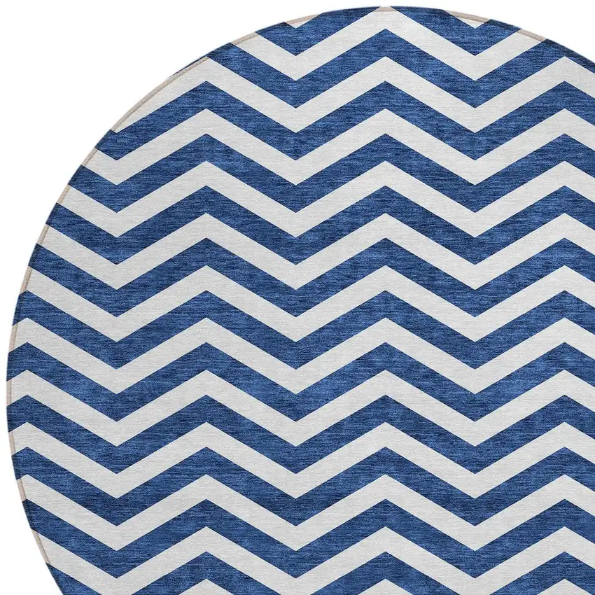 8' Navy Blue And Ivory Round Chevron Washable Indoor Outdoor Area Rug Photo 4