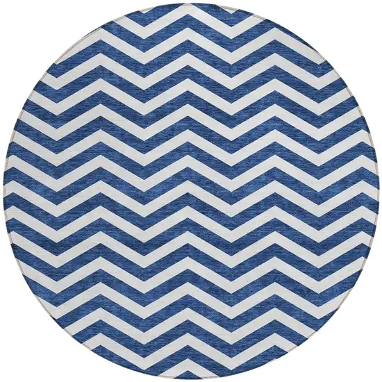 8' Navy Blue And Ivory Round Chevron Washable Indoor Outdoor Area Rug Photo 6
