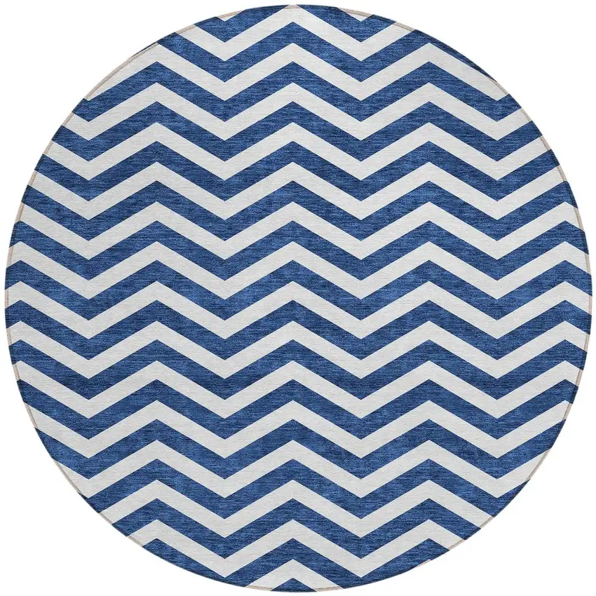 8' Navy Blue And Ivory Round Chevron Washable Indoor Outdoor Area Rug Photo 6