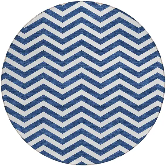 8' Navy Blue And Ivory Round Chevron Washable Indoor Outdoor Area Rug Photo 2
