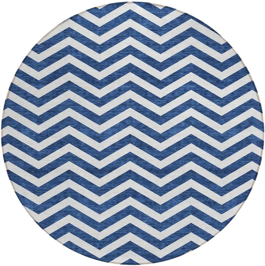 8' Navy Blue And Ivory Round Chevron Washable Indoor Outdoor Area Rug Photo 2