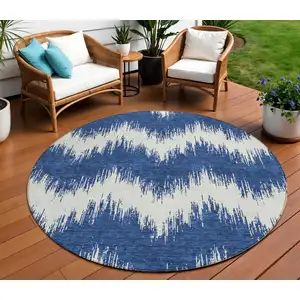 Photo of 8' Navy Blue And Ivory Round Chevron Washable Indoor Outdoor Area Rug