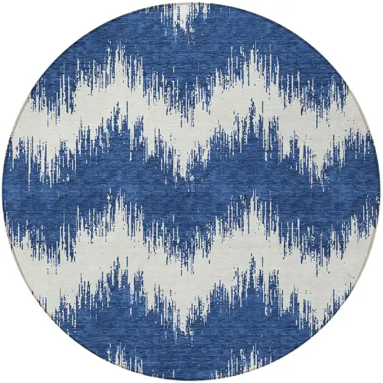 8' Navy Blue And Ivory Round Chevron Washable Indoor Outdoor Area Rug Photo 5