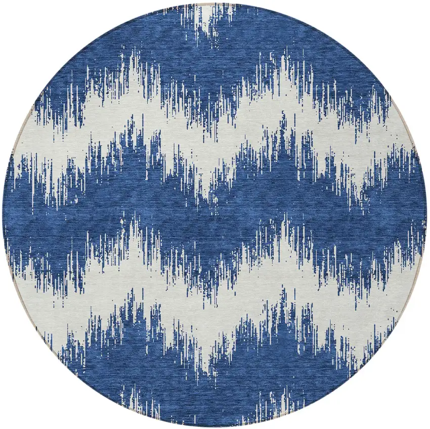 8' Navy Blue And Ivory Round Chevron Washable Indoor Outdoor Area Rug Photo 5