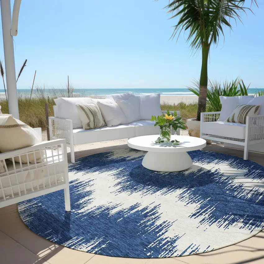 8' Navy Blue And Ivory Round Chevron Washable Indoor Outdoor Area Rug Photo 6