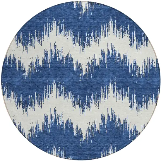 8' Navy Blue And Ivory Round Chevron Washable Indoor Outdoor Area Rug Photo 2